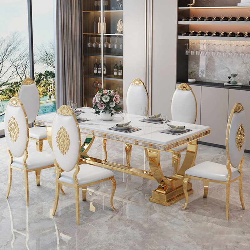 7 Piece Faux Marble Top Trestle Dining Set 29.53 H x 70.87 L x 35.43 W White